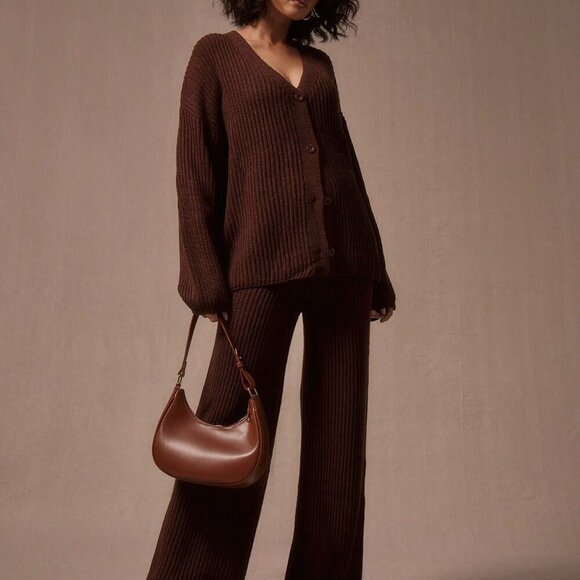Pants - Chocolate Brown Casual Women's Wide Leg Chunky Knit Sweater Trousers